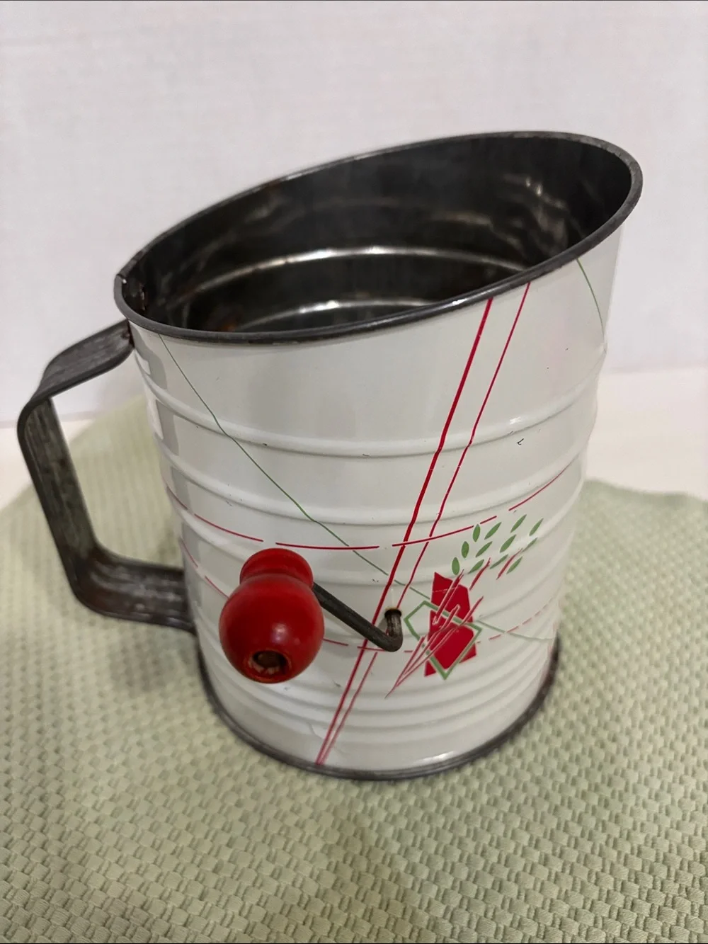 Vintage Hand Crank Flour Sifter - White with Red Accents